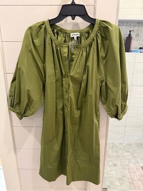 NWT STAUD Olive Green Button-Front Puff Sleeve mini
